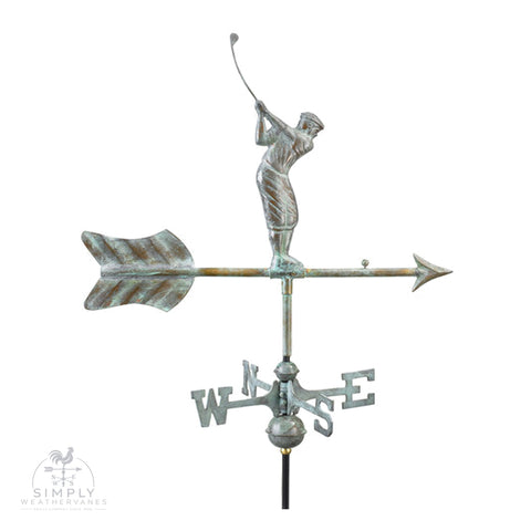 Golfer cottage weathervane in verdigris copper finish with arrow and compass points